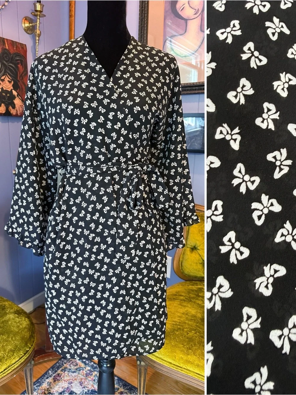 Vintage 90s Valentino Intimo short kimono Style All Over Bow Pattern Wrap Robe